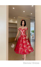 Red Lace Off Shoulder Tea Length Bridesmaid Dress, Lace Prom Dress