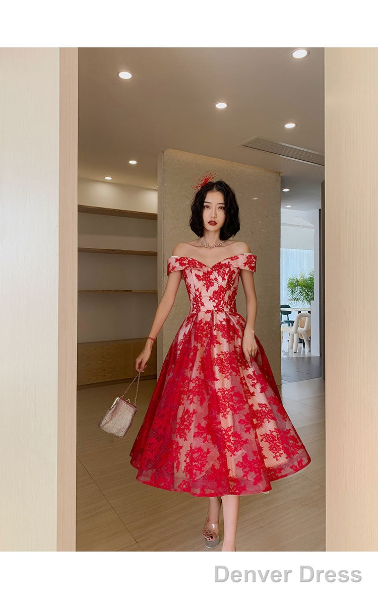 Red Lace Off Shoulder Tea Length Bridesmaid Dress, Lace Prom Dress
