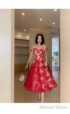 Red Lace Off Shoulder Tea Length Bridesmaid Dress, Lace Prom Dress