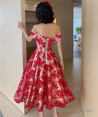 Red Lace Off Shoulder Tea Length Bridesmaid Dress, Lace Prom Dress