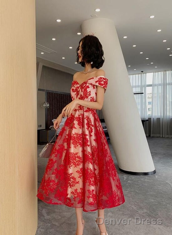 Red Lace Off Shoulder Tea Length Bridesmaid Dress, Lace Prom Dress Main image