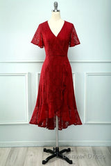 Red Lace Party Dress , Charming Short Homecoming Dresses
