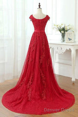 Red Lace Prom Dress Cap Sleeves Formal Dress, Evening Dress, Dance Dresses