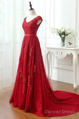 Red Lace Prom Dress Cap Sleeves Formal Dress, Evening Dress, Dance Dresses