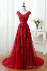 Red Lace Prom Dress Cap Sleeves Formal Dress, Evening Dress, Dance Dresses
