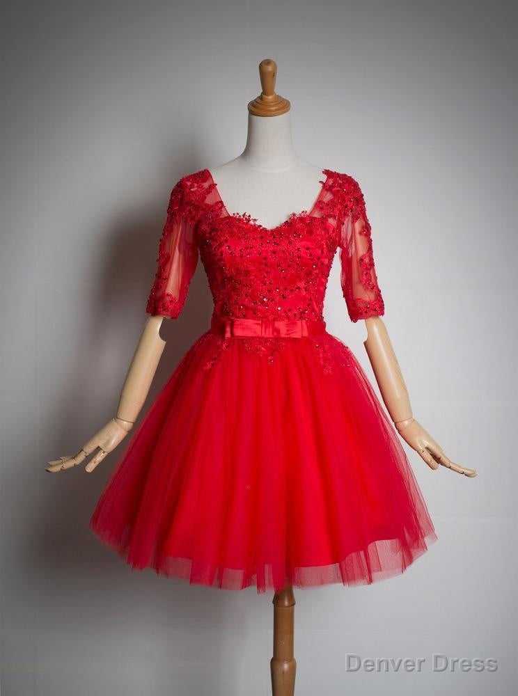 Red Lace Short Sleeves Tulle Knee Length Party Dresses, Red Short Formal Dresses Secondary image