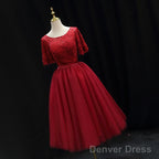 Red Lace Top Short Sleeves Tulle Tea Length Party Dress, Red Wedding Party Dress