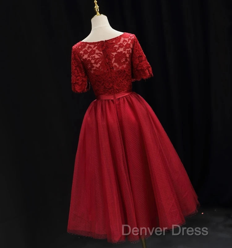 Red Lace Top Short Sleeves Tulle Tea Length Party Dresses, Red Wedding Party Dresses Homecoming Dresses Secondary image
