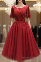 Red Lace Top Short Sleeves Tulle Tea Length Prom Dress, Red Wedding Prom Dress Homecoming Dresses
