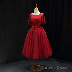 Red Lace Top Short Sleeves Tulle Tea Length Party Dress, Red Wedding Party Dress Homecoming Dress