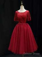 Red Lace Top Short Sleeves Tulle Tea Length Party Dress, Red Wedding Party Dress