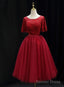 Red Lace Top Short Sleeves Tulle Tea Length Party Dress, Red Wedding Party Dress