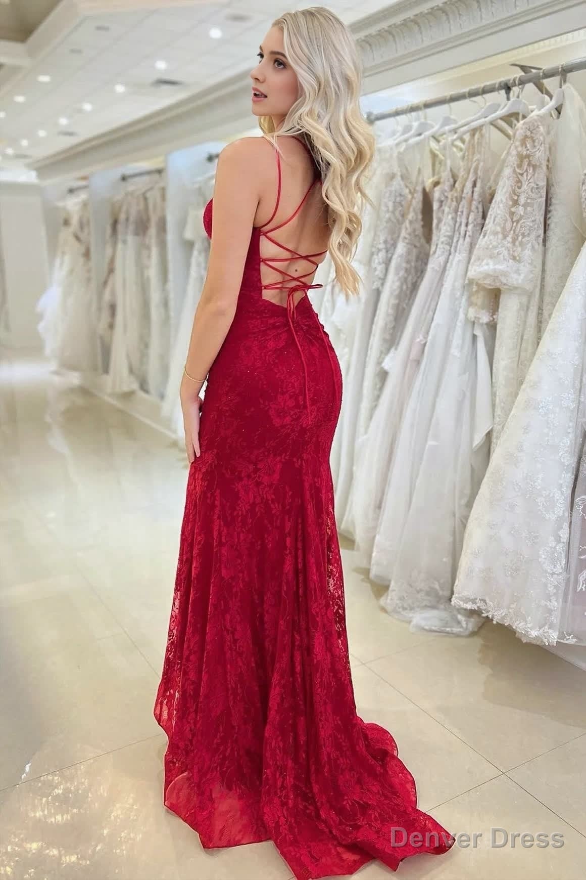 Red Lace V Neck Mermaid Prom Dress Secondary image