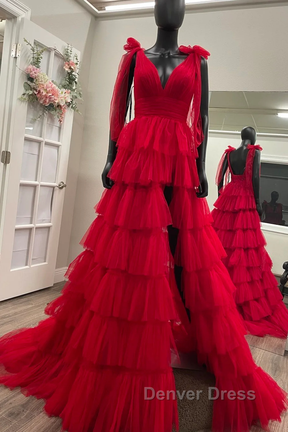 Red Long Prom Dresses Princess A Line V Neck Party Evening Dresses with Ruffles Secondary image