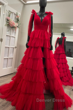 Red Long Prom Dresses Princess A Line V Neck Party Evening Dresses with Ruffles