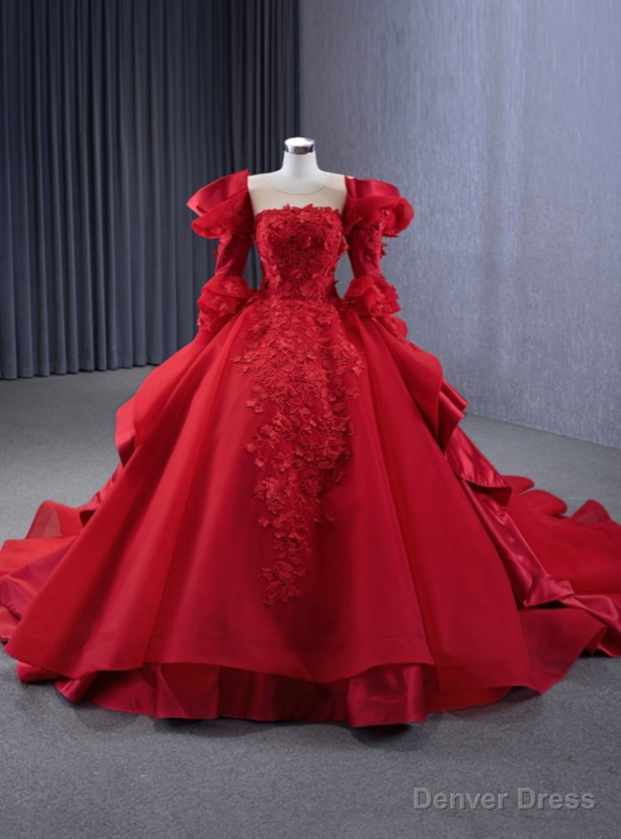 Red Long Sleeve Backless Appliques Prom Dresses