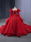 Red Long Sleeve Backless Appliques Prom Dresses