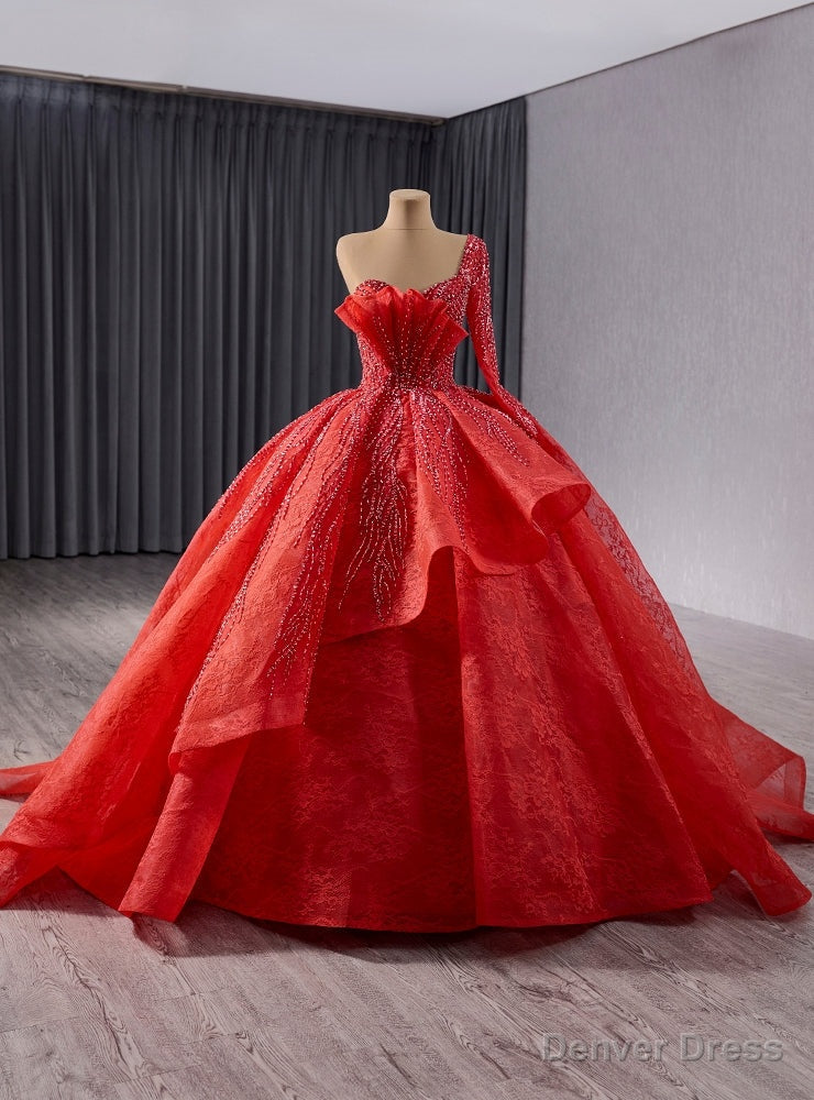 Red Long Sleeve One Shoulder Beading Prom Dresses