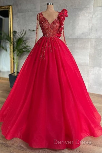Red Long Sleeve V Neck Beading Flower Tulle Prom Formal Dresses Secondary image