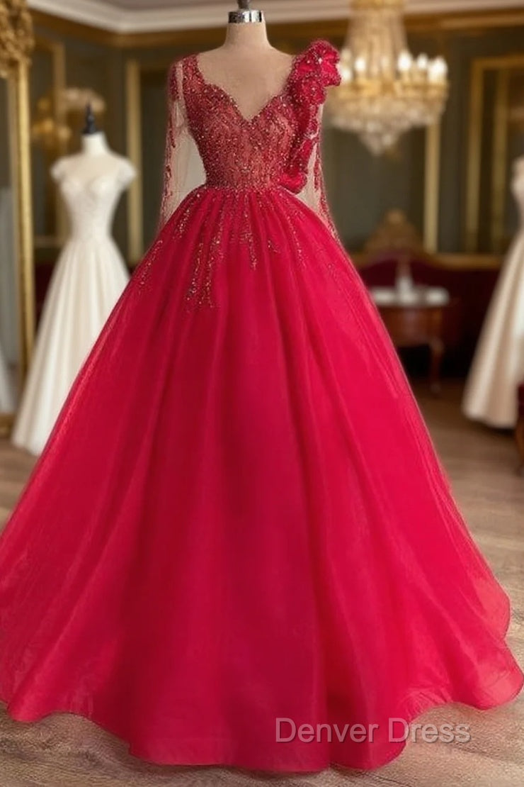 Red Long Sleeve V Neck Beading Flower Tulle Prom Formal Dresses Main image