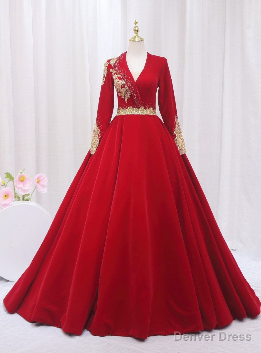 Red Long Sleeve V Neck Beading Prom Dresses