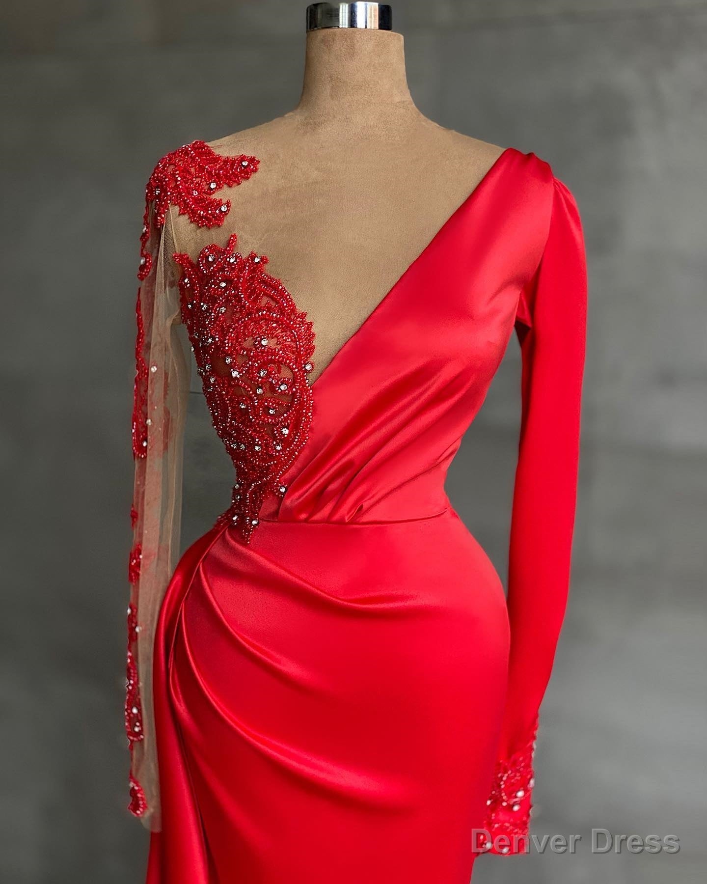 Red Long Sleeve V Neck Mermaid Prom Dresses Online With Beadings Secondary image