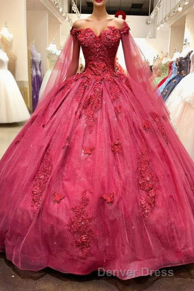 Red Long Sleeves 3D Flowers Quinceanera Dresses Appliqued Main image