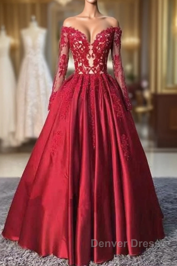 Red Long Sleeves Lace Long Prom Dresses, Red Evening Dresses