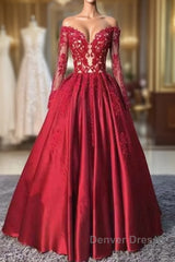 Red Long Sleeves Lace Long Prom Dresses, Red Evening Dresses