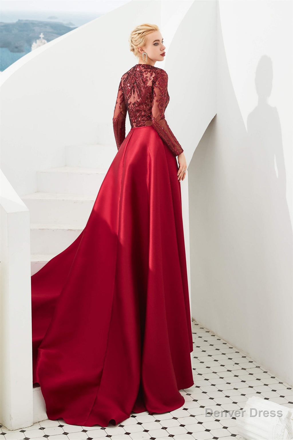 Long Sleeves Mermaid Detachable Train Prom Dresses with Train Sequined