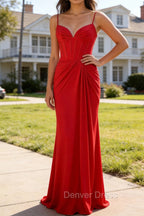 Red Mermaid Corset Spaghetti Straps Ruched Satin Long Prom Dress