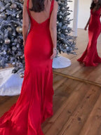 Red Mermaid Deep V-Neck Beaded Satin Long Prom Dress