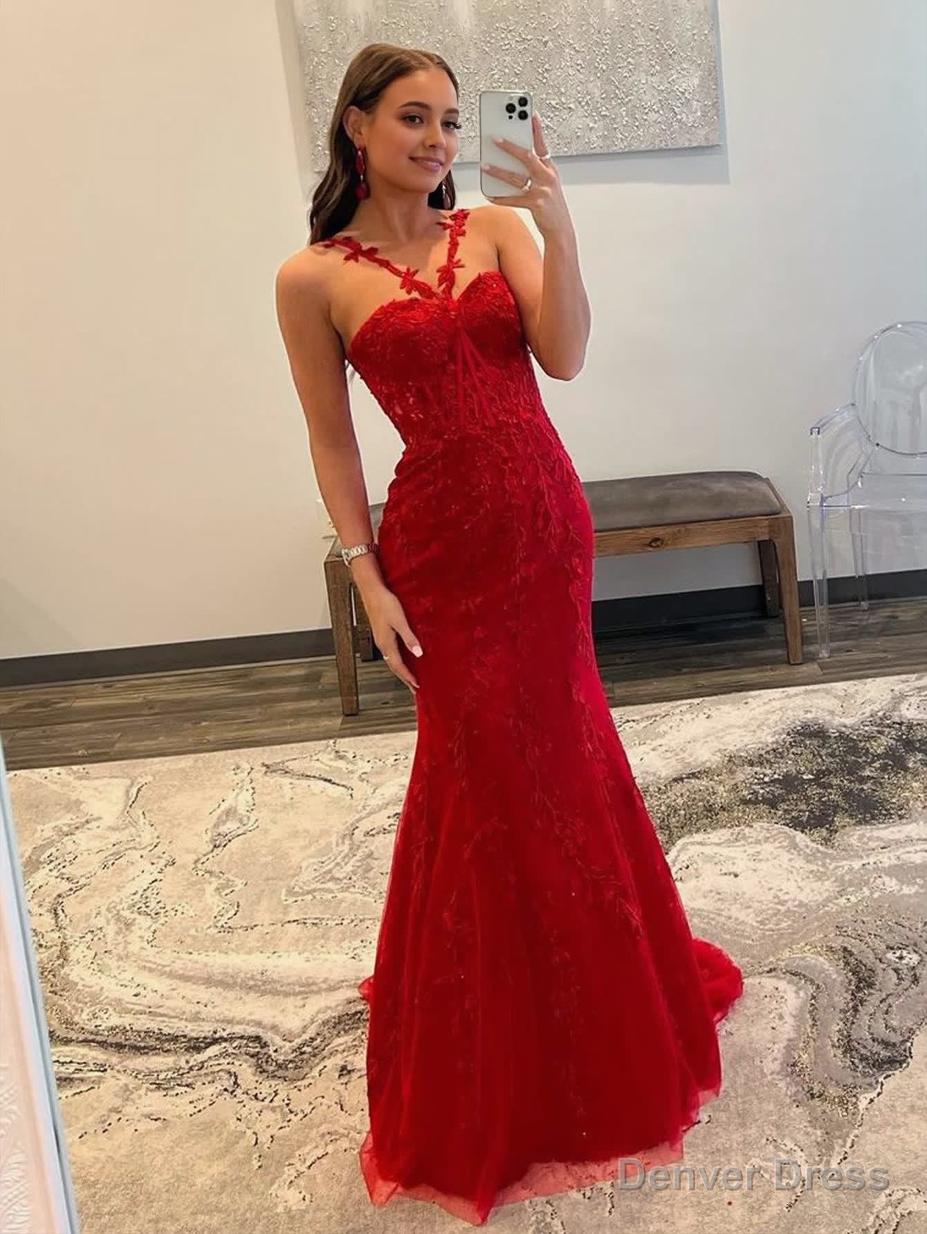 Red Mermaid Halter Lace Mermaid Long Prom Dress Secondary image