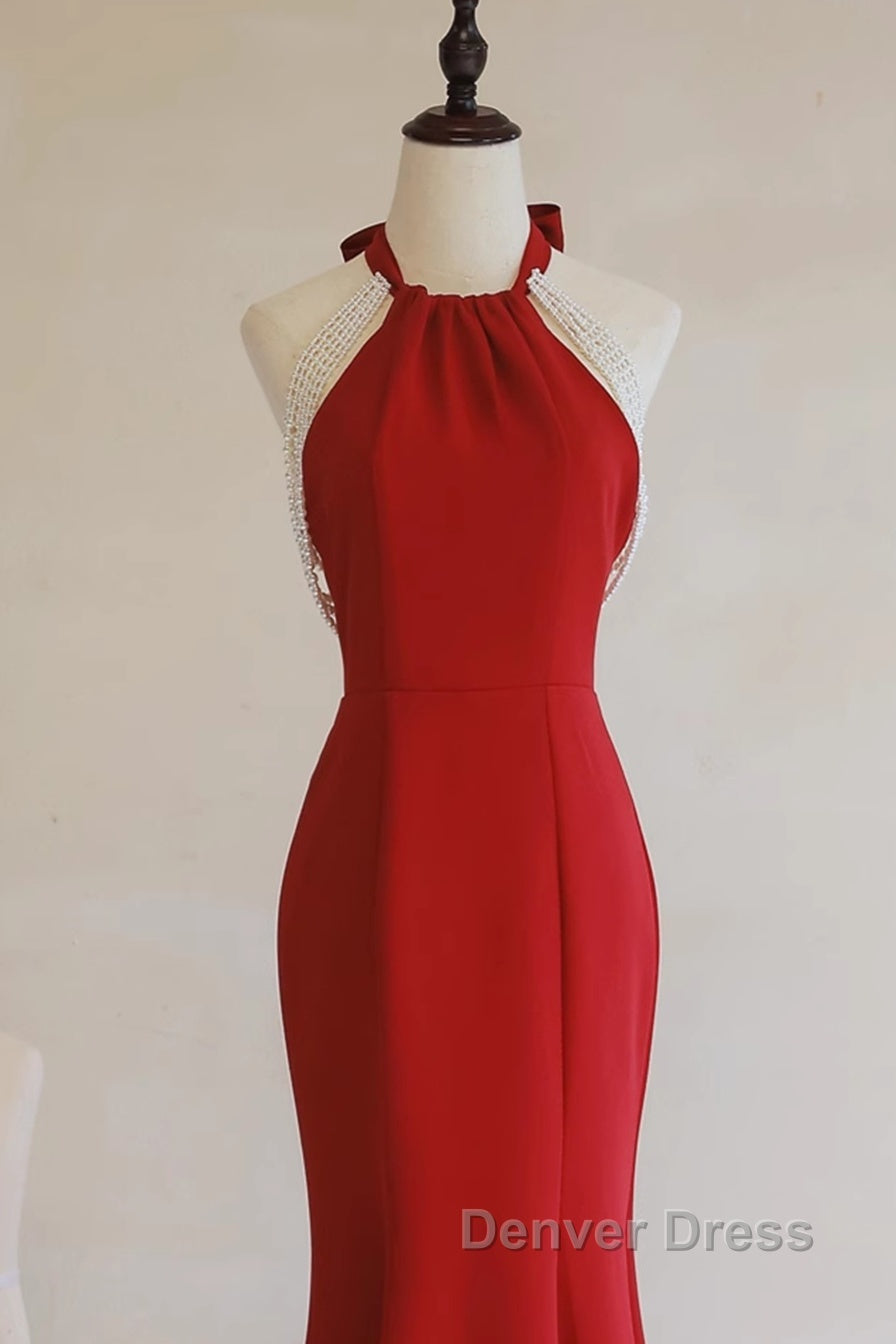 Red Mermaid Halter Long Evening Dresses, Red Backless Formal Dresses Prom Dresses