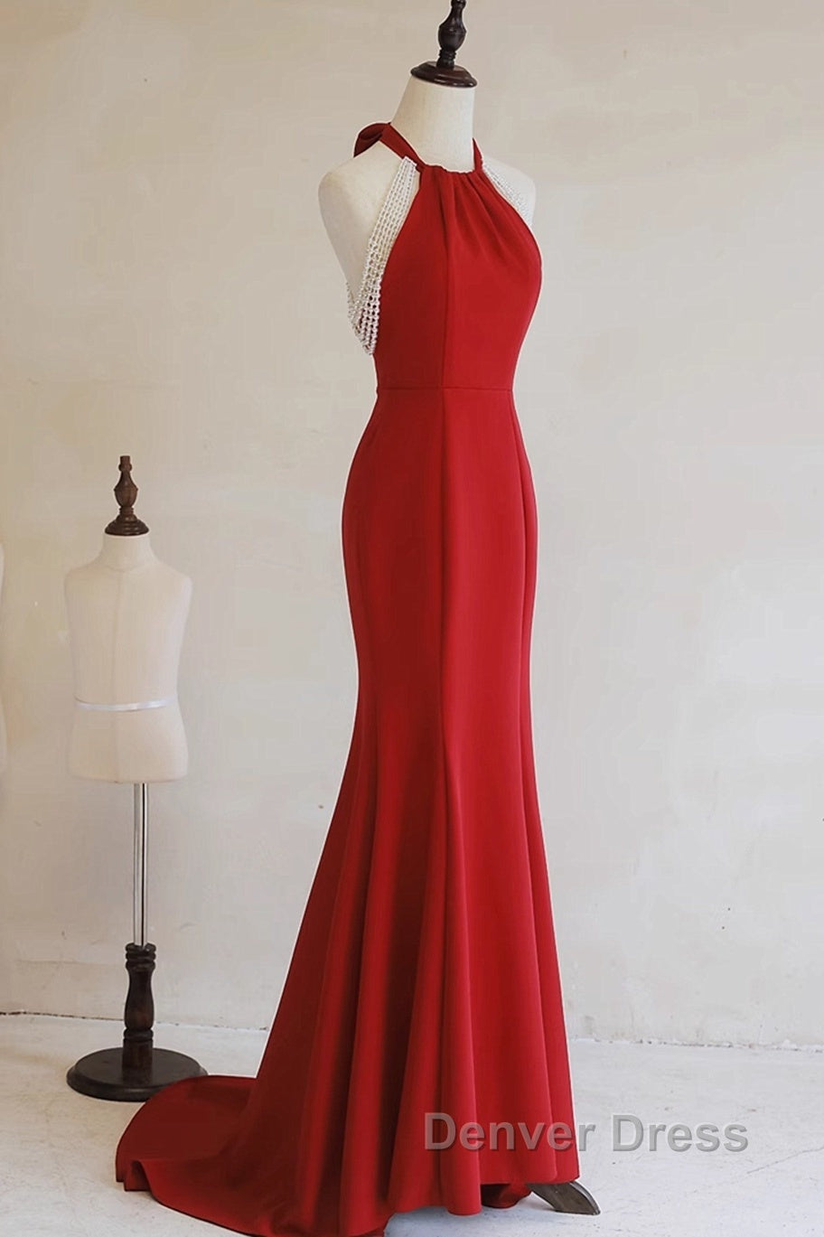 Red Mermaid Halter Long Evening Dresses, Red Backless Formal Dresses Prom Dresses