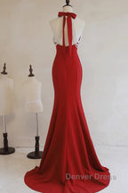 Red Mermaid Halter Long Evening Dresses, Red Backless Formal Dresses Prom Dresses