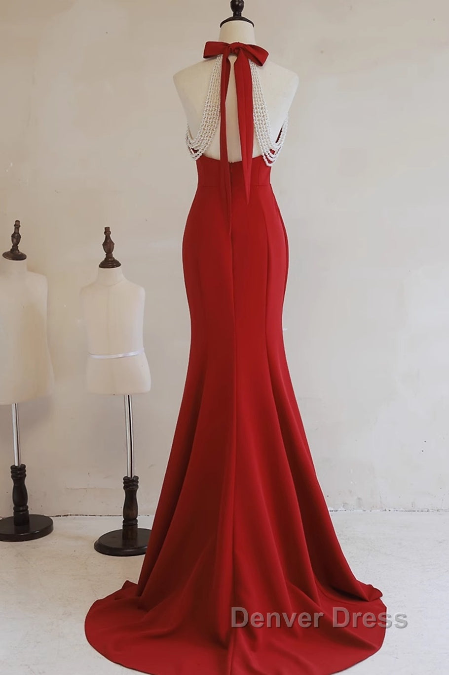 Red Mermaid Halter Long Evening Dresses, Red Backless Formal Dresses Prom Dresses