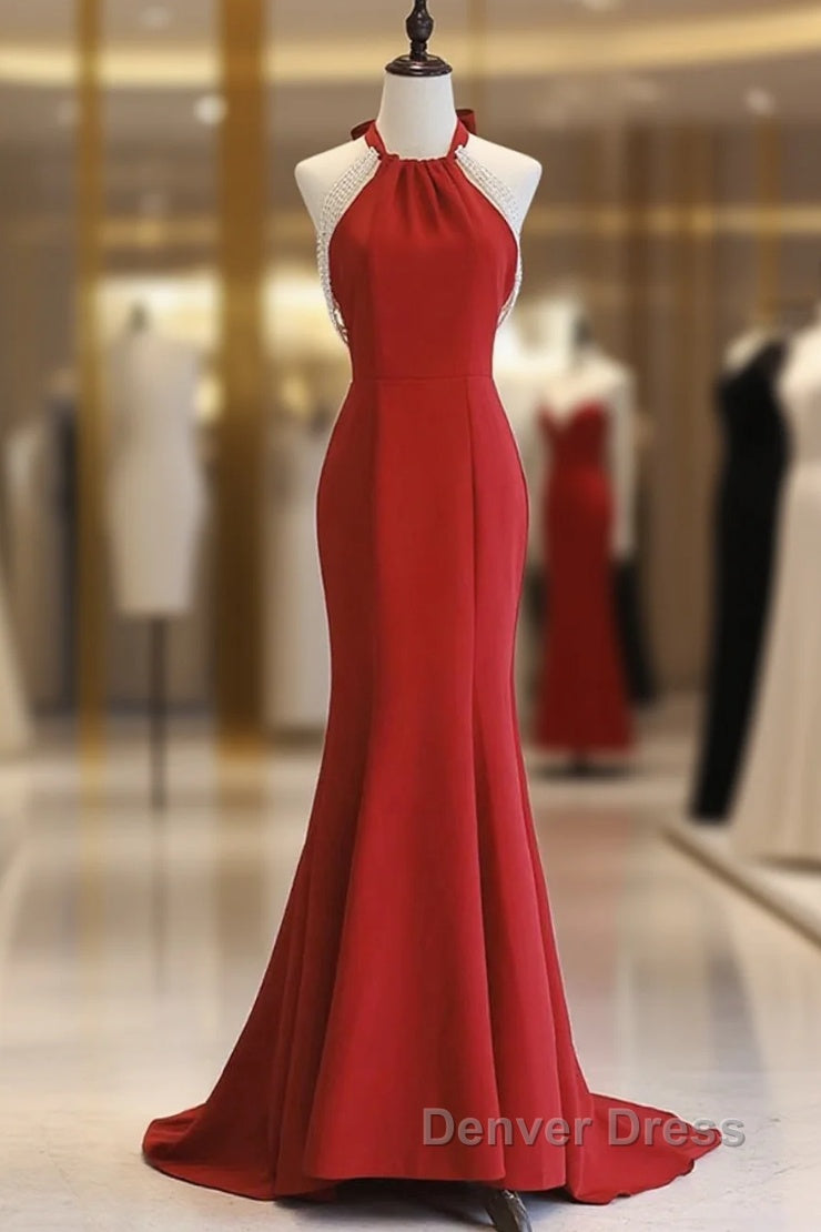 Red Mermaid Halter Long Evening Dresses, Red Backless Formal Dresses Prom Dresses Main image