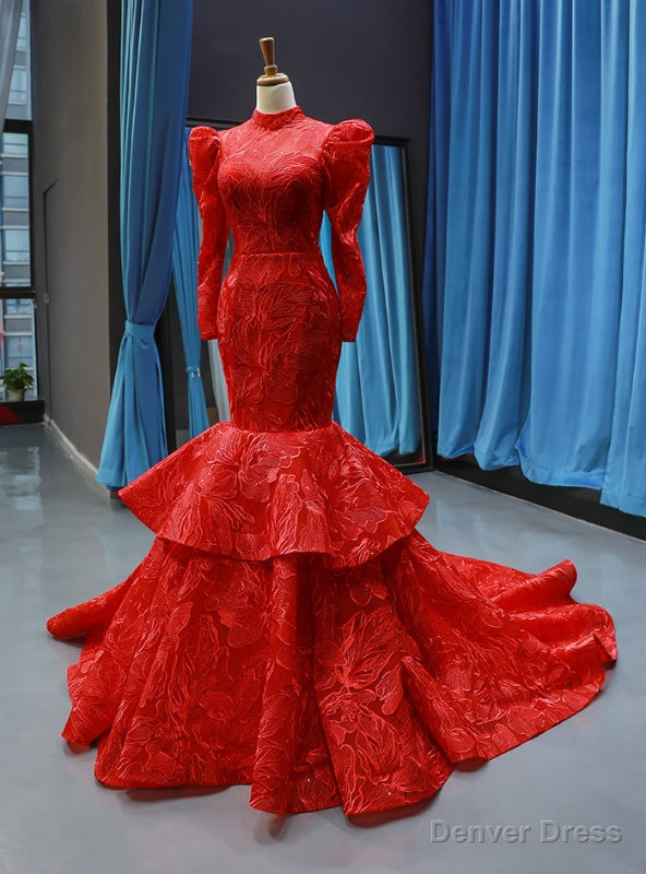 Red Mermaid Lace High Neck Long Sleeve Backless Haute Couture Prom Dress Main image