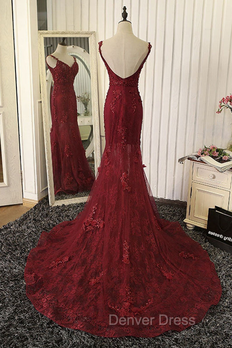 Red Mermaid Lace Long Prom Dress, Lace Mermaid Prom Dresses Secondary image