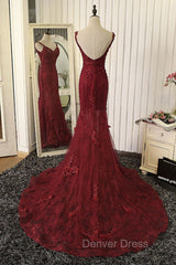 Red Mermaid Lace Long Prom Dresses, Lace Mermaid Evening Dresses