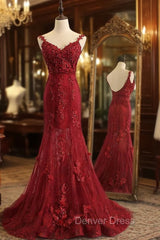 Red Mermaid Lace Long Prom Dresses, Lace Mermaid Evening Dresses