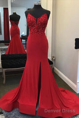 Red Mermaid Llong Prom Dress Appliques Slit Evening Dress