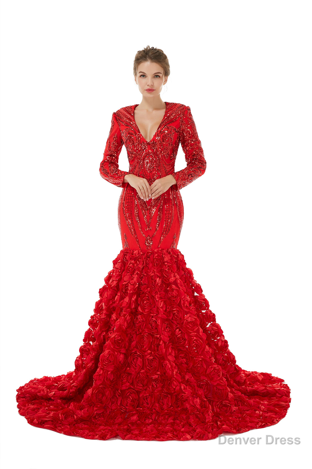 Mermaid Long Sequined Bling Full Sleeves Floral Skirt Prom Dresses