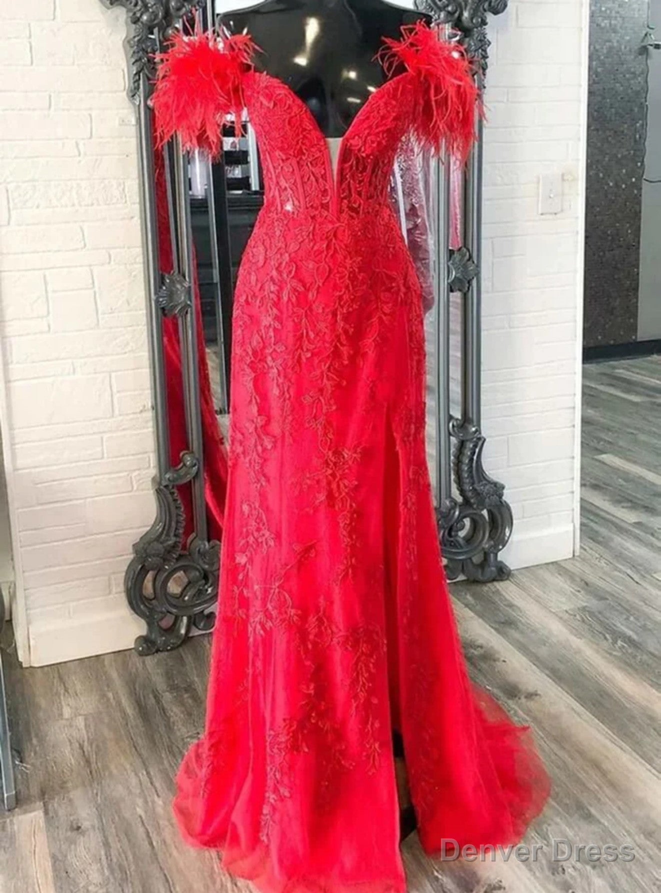 Red Mermaid Off the Shoulder Appliques Feather Prom Dresses Main image