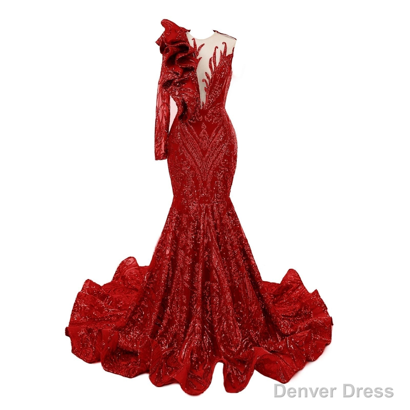 Red Mermaid One Sleeve Prom Dresses Sequined Lace Jewel Ruffles Evening Party Dress with Appliques Main image