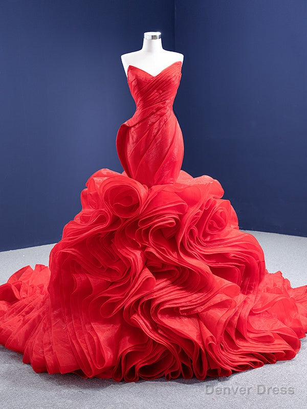Red Mermaid Organza Strapless Pleats Prom Dresses