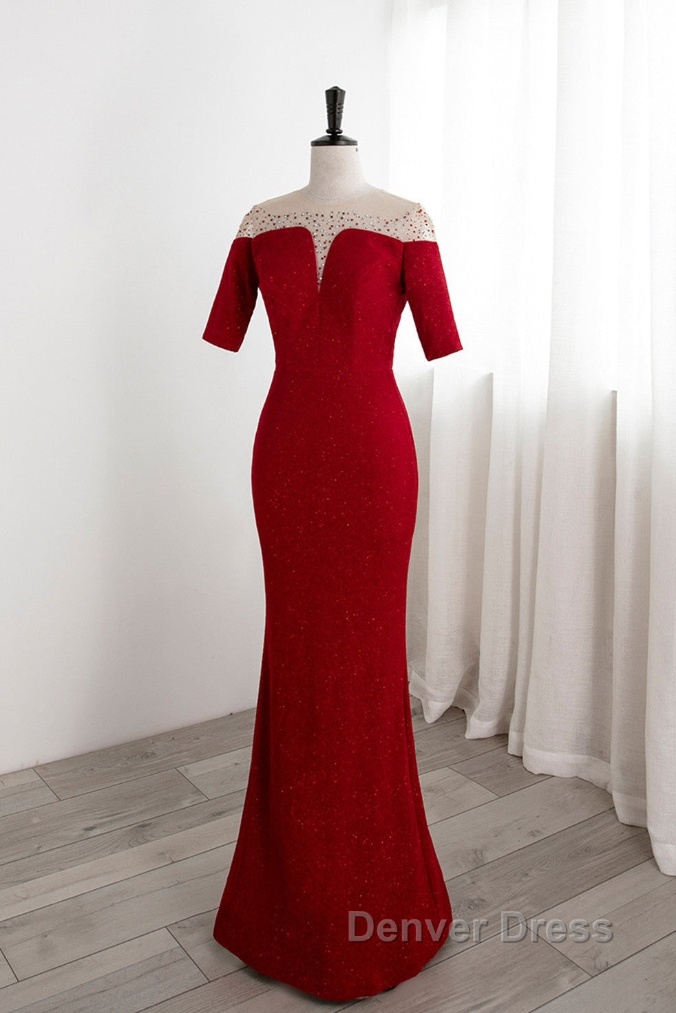 Red Mermaid Round Neckline Short Sleeves Prom Dresses, Red Prom Gowns Secondary image