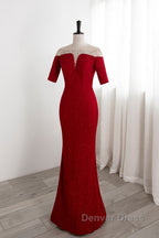 Red Mermaid Round Neckline Short Sleeves Prom Dresses, Red Prom Gowns