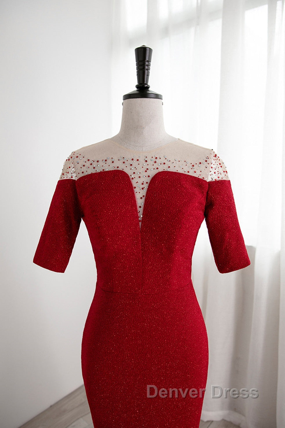 Red Mermaid Round Neckline Short Sleeves Prom Dresses, Red Prom Gowns